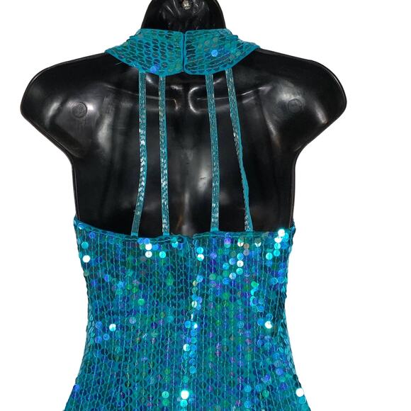 Vintage 90s Teal Sequin Mini Dress Concert Party Cocktail Sleeveless Mermaid - Picture 6 of 13